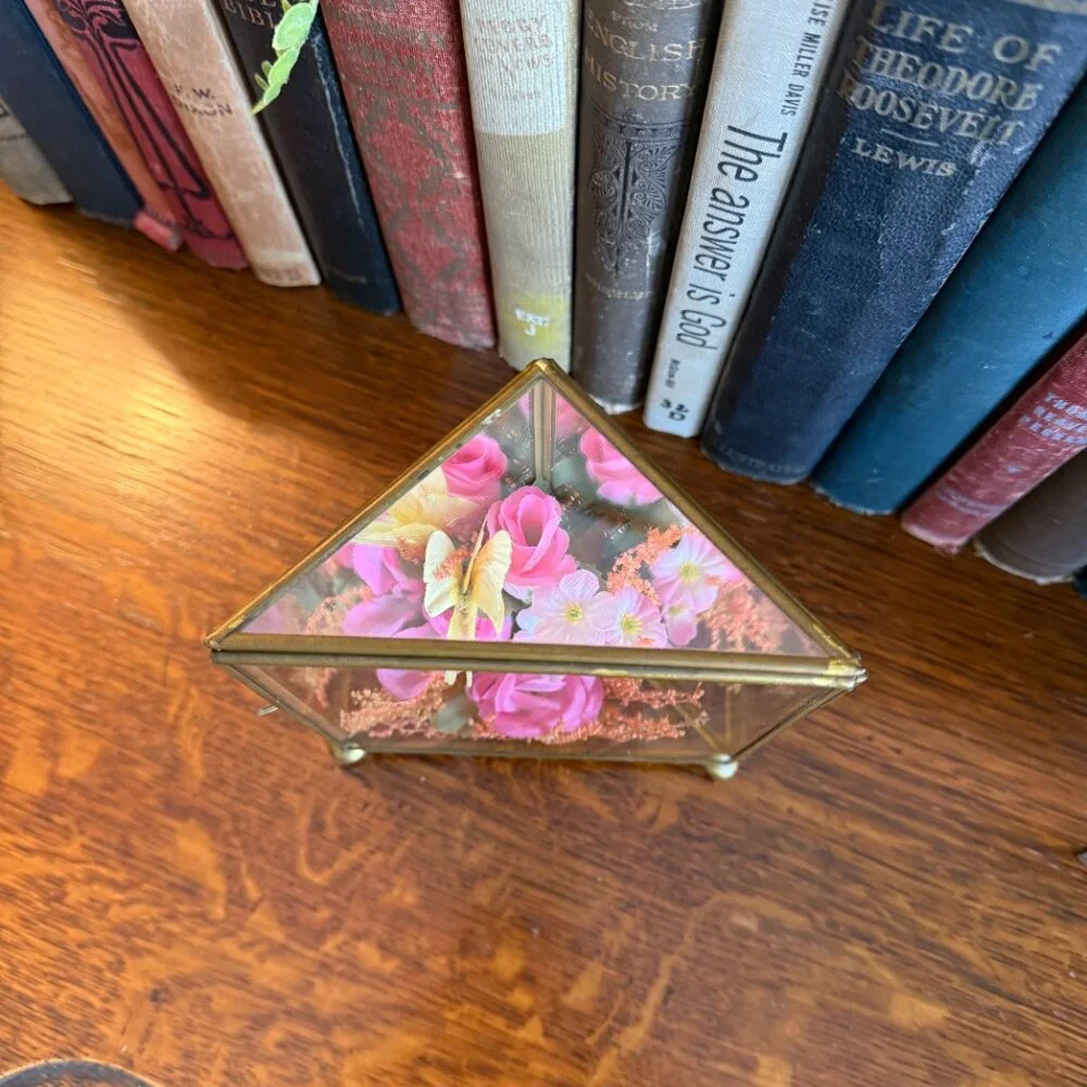 Vintage Glass/Mirrors & Brass Triangular Box with Flowers